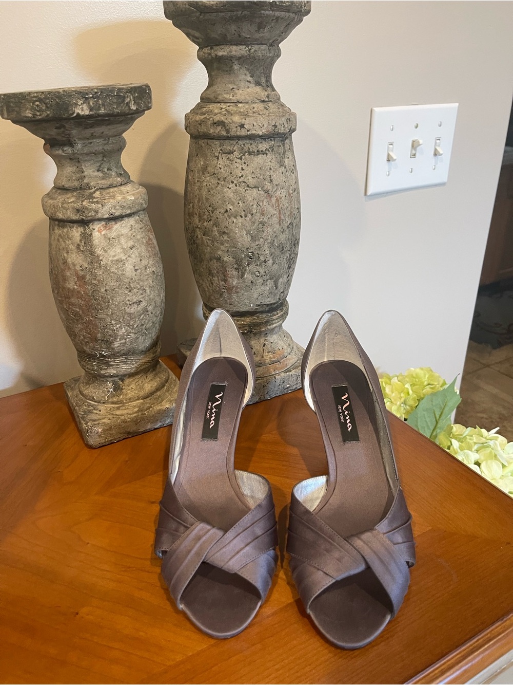 Nina gray Satin Peep-Toe Crossover Heels